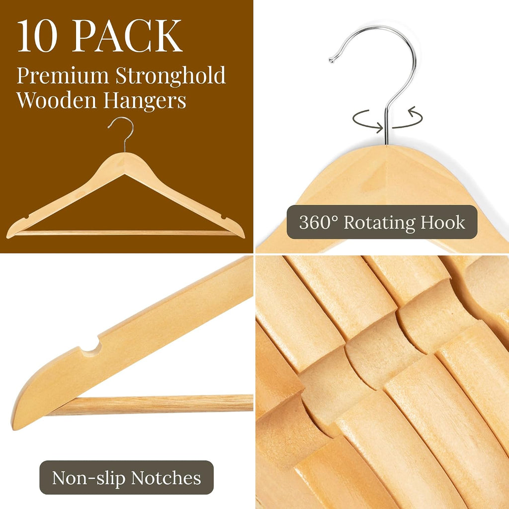 Wooden Hangers 20 Pack – Heavy Duty Wood Coat Hangers with Non-Slip Pant Bar & 360° Swivel Hook, Smooth Finish Clothes Hangers for Closet, Shirts, Suits, Jackets, Dresses & Pants – Natural Wood