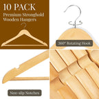 Wooden Hangers 20 Pack – Heavy Duty Wood Coat Hangers with Non-Slip Pant Bar & 360° Swivel Hook, Smooth Finish Clothes Hangers for Closet, Shirts, Suits, Jackets, Dresses & Pants – Natural Wood