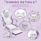 HOFFREE Gaming Chair with Cat Ears and Cloud Massage Lumbar Ergonomic Cute Computer Chair for Girls with Footrest Comfortable Reclining Game Chairs for Adults Purple and White