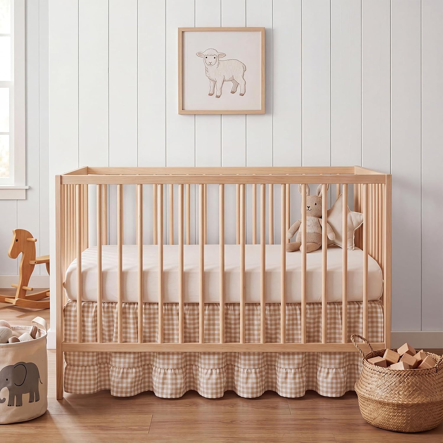 Gingham Crib Skirt Dust Ruffle 52 x 28 Inch 100% Washed Cotton Ruffle Plaid Baby Crib Bed Skirt Soft Farmhouse for Boys & Girls Nursery Bedding Decor, Fits Standard Cribs(Beige)