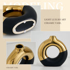 FJS Ceramic Donut Vase, 8" L x 8" H Black and Gold Round Vase for Pampas Grass, Nordic Modern Vases for Decor, Ceramic Vase Centerpieces for Wedding, Bedroom, Living Room, Coffee Table, Office
