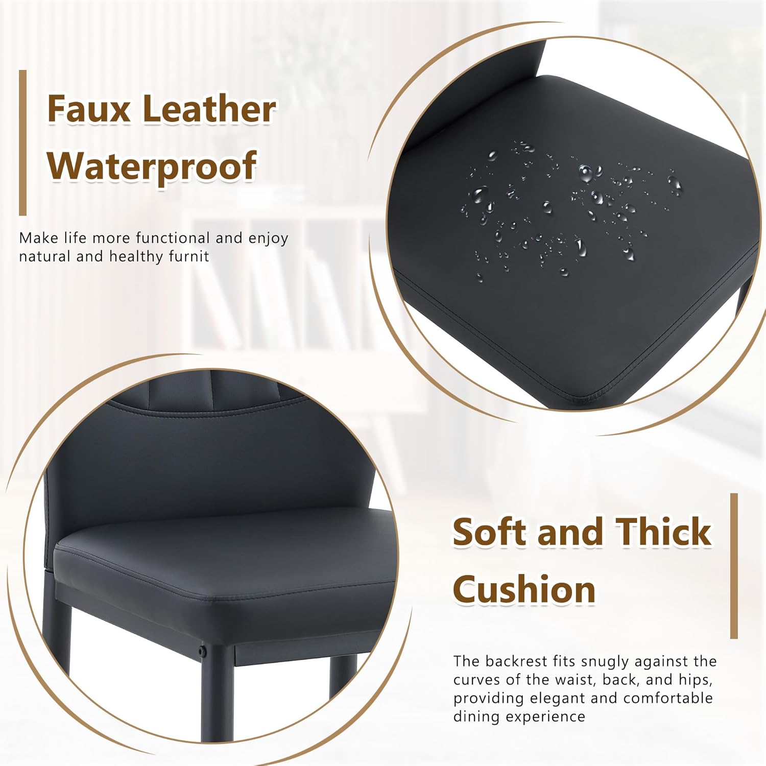 Black Dining Chairs Set of 6, Modern PU Leather Kitchen Chairs with Soft Cushion and Black Metal Legs, Waterproof and Easy to Clean, Armless Dining Chairs for Dining Room,Kitchen,Apartment