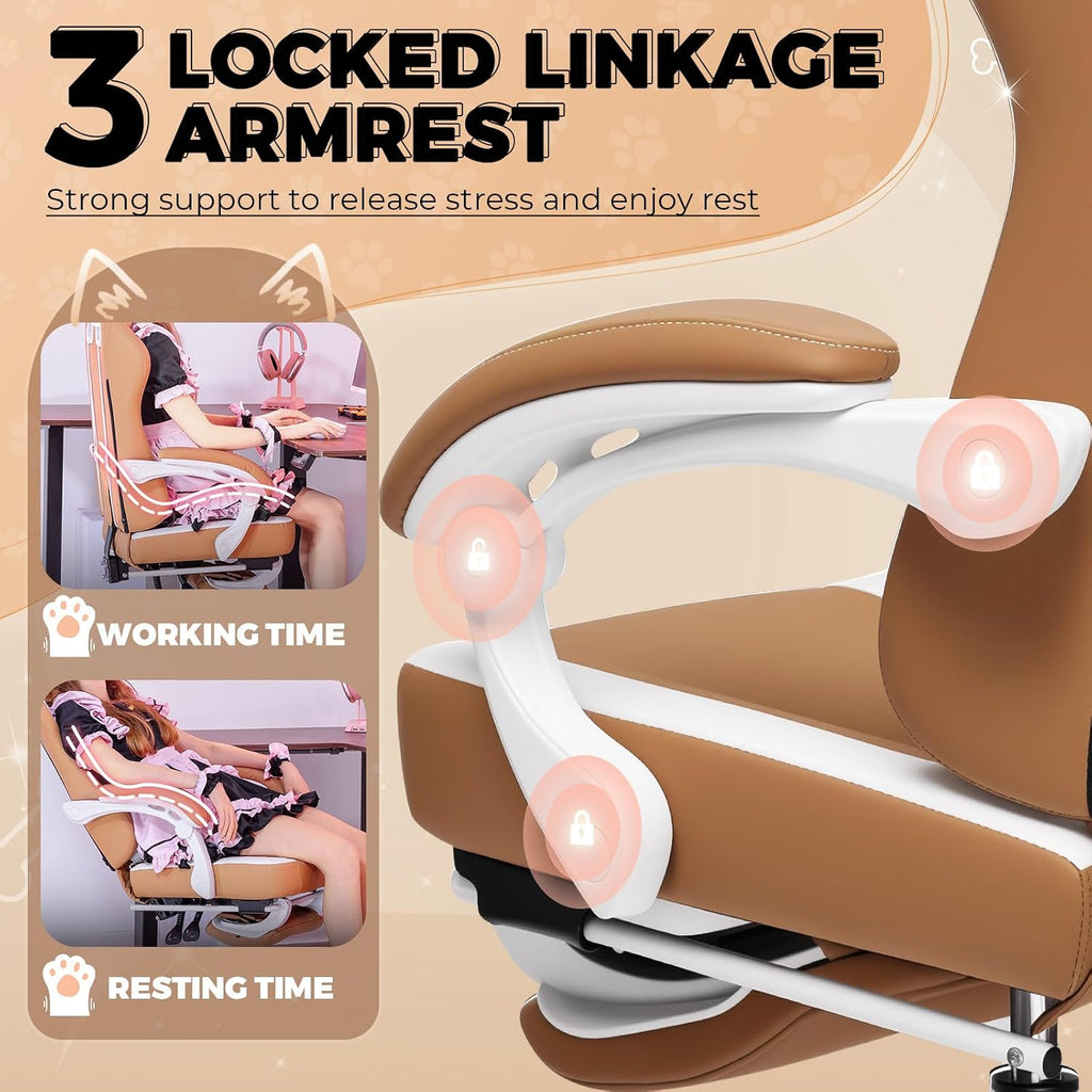 GTPOFFICE Cute Gaming Chair with Cat Ears, Ergonomic Computer Chair with Footrest Cat Paw Lumbar Support Comfortable Reclining Game Chair Desk Chair for Adult Teens, Soft Fabric, Russet Brown