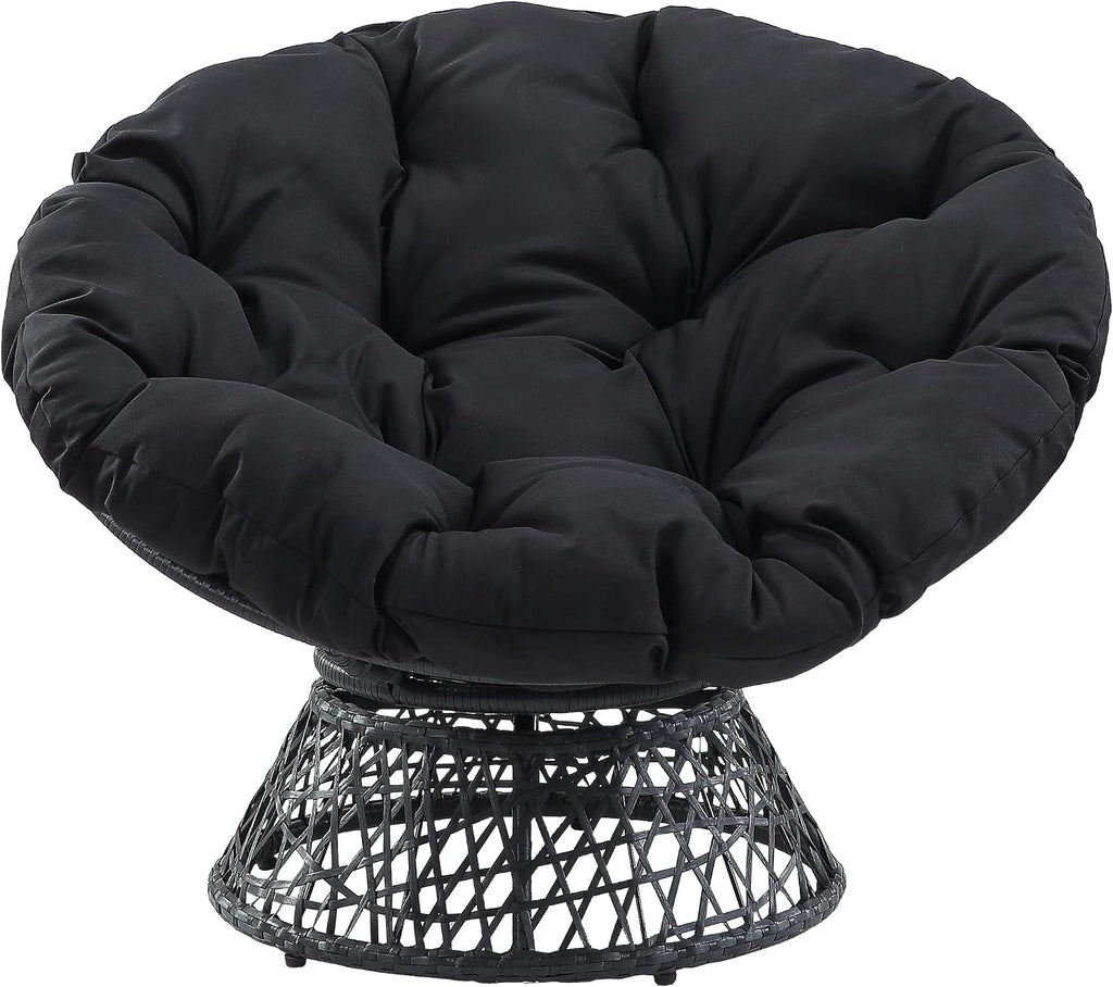 OSP Home Furnishings Wicker Papasan Chair with 360-Degree Swivel, Grey Frame with Black Cushion