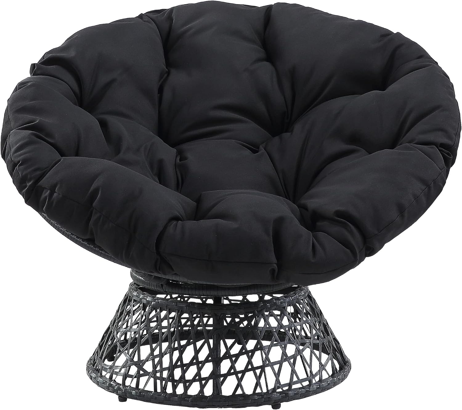 OSP Home Furnishings Wicker Papasan Chair with 360-Degree Swivel, Grey Frame with Black Cushion
