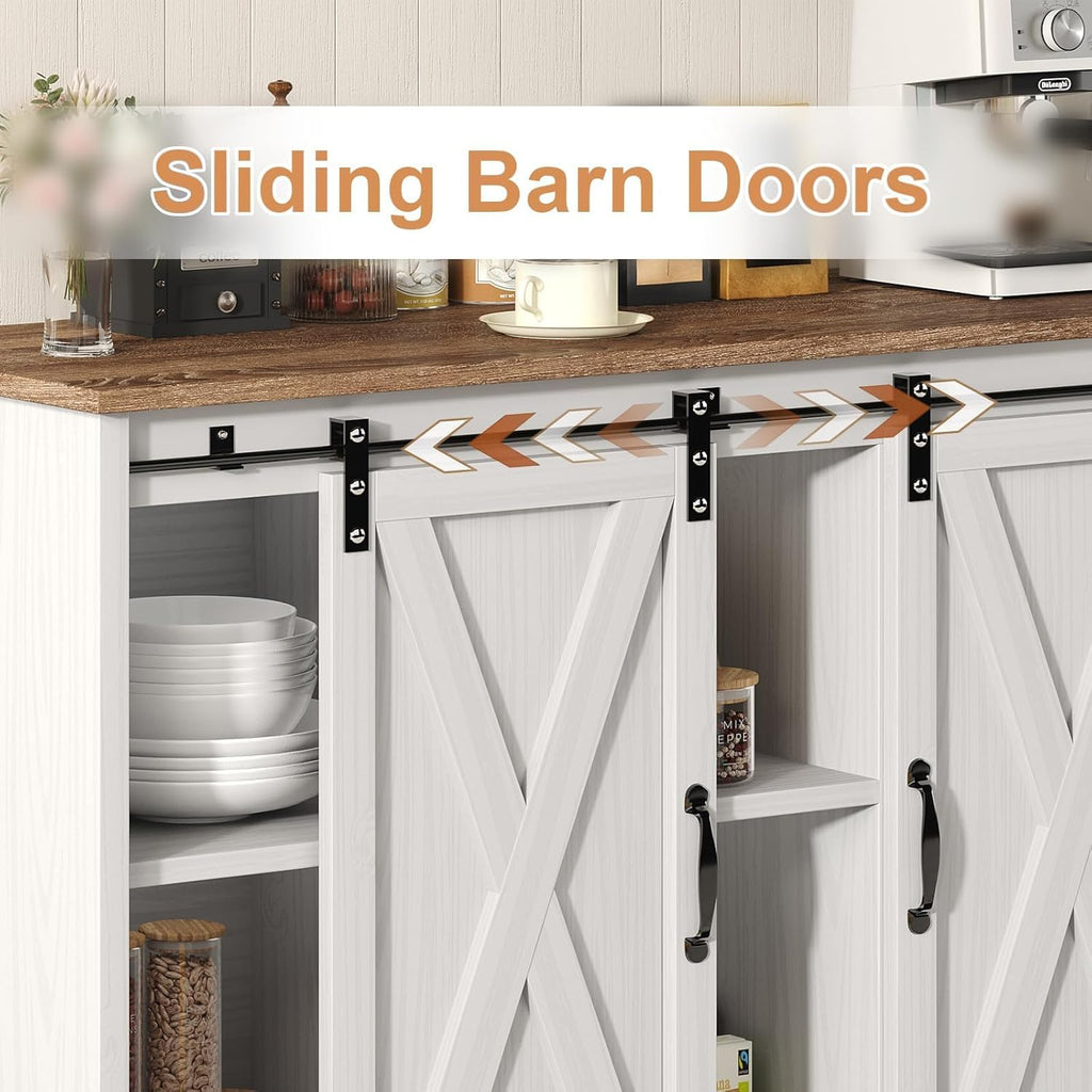 4 EVER WINNER Farmhouse Coffee Bar Cabinet, 42" Buffet Cabinet with Storage and Adjustable Shelf for Small Spaces, Coffee Station Cabinet with Sliding Barn Doors for Kitchen, Dining Room, White
