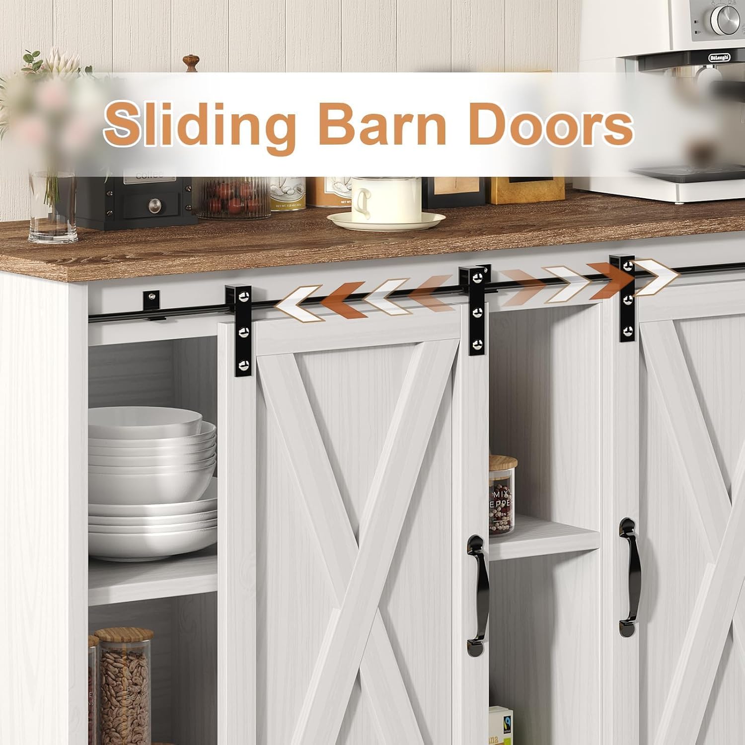 4 EVER WINNER Farmhouse Coffee Bar Cabinet, 42" Buffet Cabinet with Storage and Adjustable Shelf for Small Spaces, Coffee Station Cabinet with Sliding Barn Doors for Kitchen, Dining Room, White