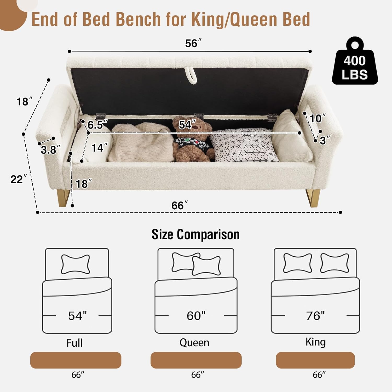 66'' King Size Storage Bench for Bedroom End of Bed, Bedroom Benches for Foot of Bed King with Gold Legs, Cream White Storage Ottoman Bench with Storage for Bedroom, Teddy