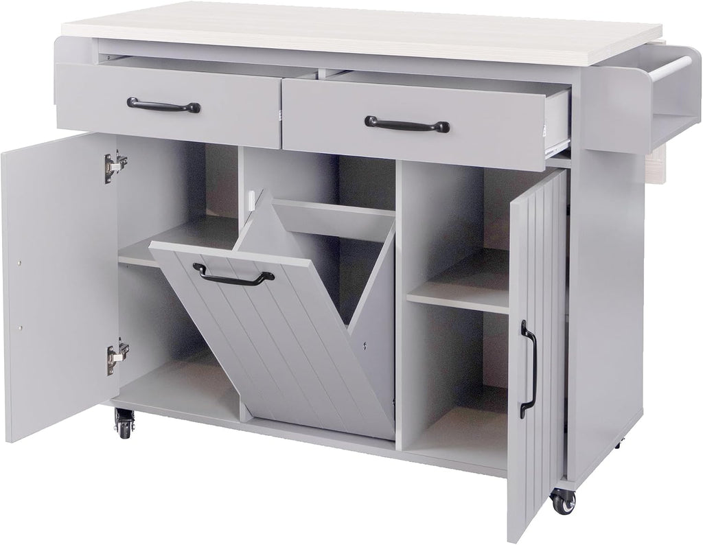 Ball & Cast Kitchen Island with Trash Can Storage Cabinet,Kitchen Cart W/Drop Leaf,Spice Rack,Towel Rack and Drawers,Rolling Kitchen Islands on Wheels W/Adjustable Shelf for Dining Room,Grey