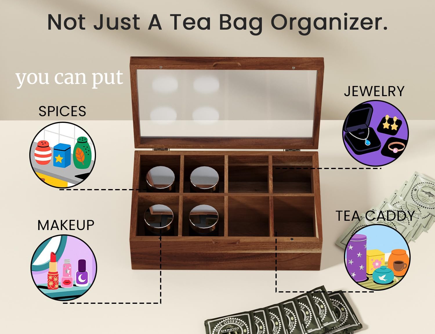Acacia Wood Tea Bag Storage Box with 8 Compartments & Clear Window | Selected natural wood with elegant grain, versatile for coffee sugar candy jewelry, magnetic sealed lid, smooth finish