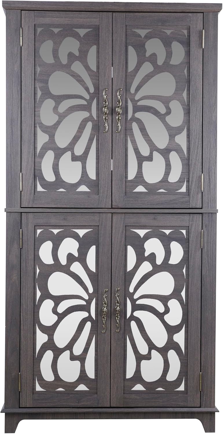 JIJIWANG Kitchen Pantry Storage Cabinet with Acrylic Mirrored Doors,Large Sideboard Buffet with Adjustable Interior Shelf,for Dining Room, Living Room, Hallway,Brown