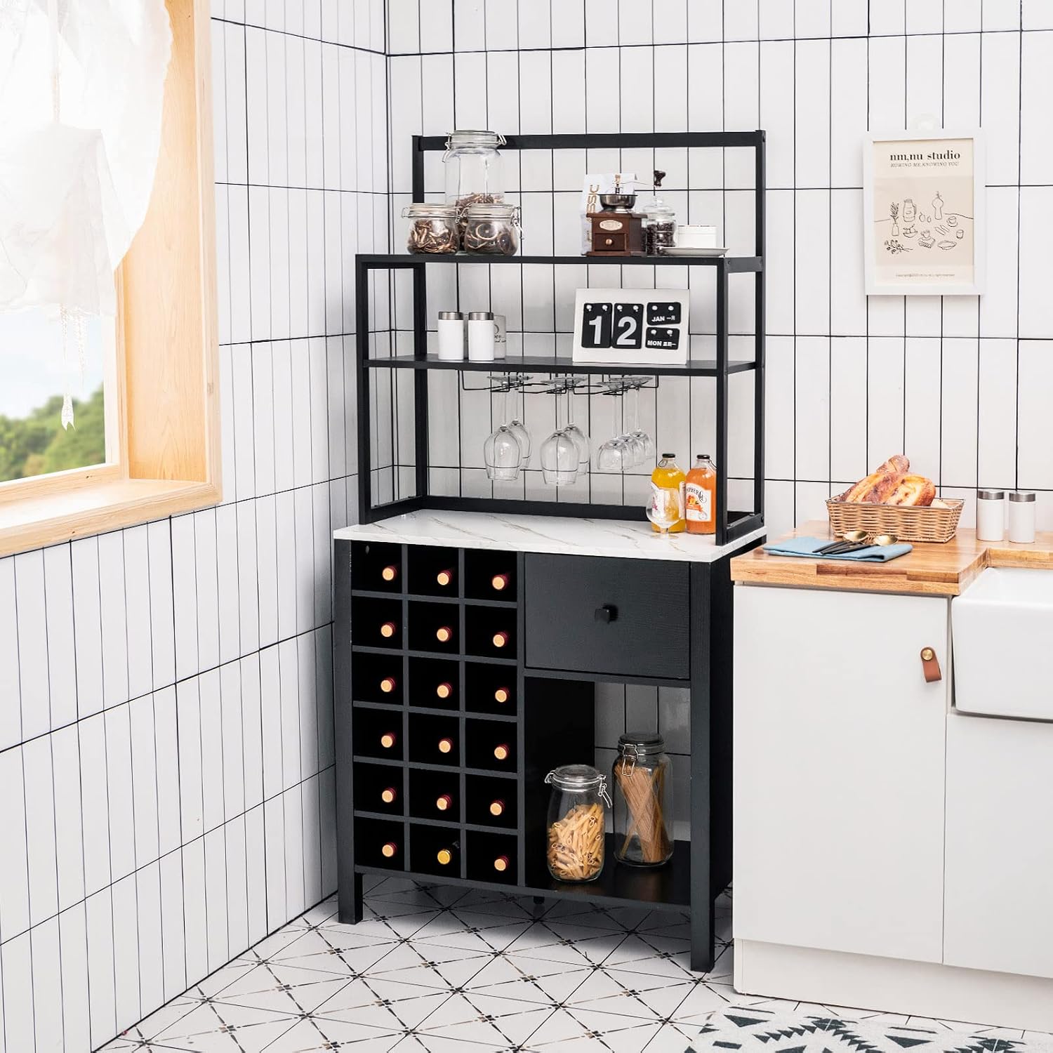 TANGZON Sideboard Wine Cabinet, Kitchen Buffet Cabinet with Glass Holders, 18-Bottle Wine Rack, Drawer, Worktop & Anti-Tipping Device, Home Bar Dining Room Wooden Storage Cupboard (Black)