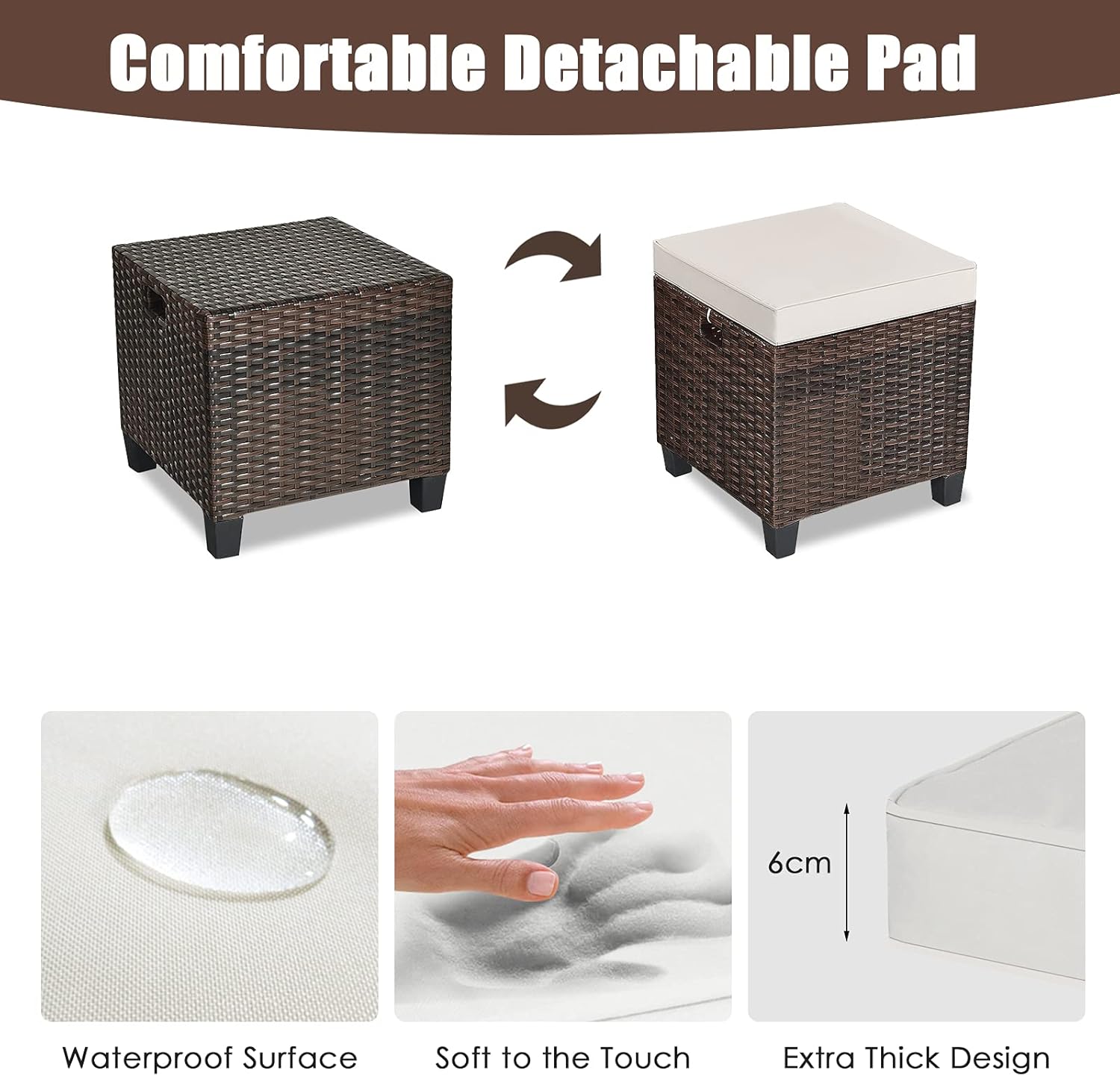 ORALNER Set of 2 Outdoor Ottoman, 16" Wicker Footstools, All-Weather Rattan Cube Foot Stool w/Removable Cushions, Square Footrest Extra Seating for Patio, Porch, Deck, Easy Assembly (Light Brown)