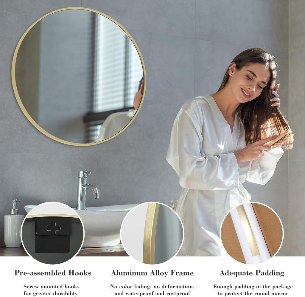 NEWBULIG Round Wall Mirror, 36 Inch Bathroom Mirrors for Over Sink, Wall Vanity Circle Mirror with Matte Metal Framed, Decor for Bathroom, Entryway, Bedroom, Gold