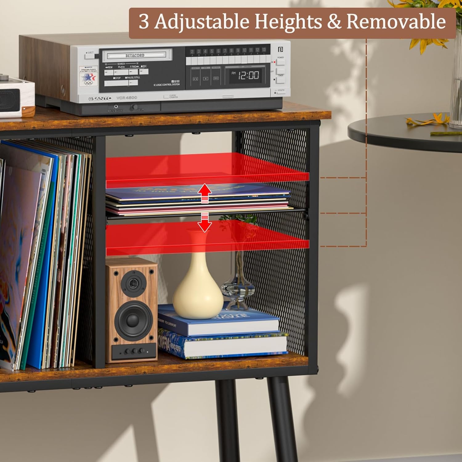 Record Player Stand with Adjustable Divider Vinyl Storage Holder Up to 200 Albums Mid-Century Large Record Player Table Vinyl Holder Turntable Stand End Table for Bedroom & Living Room, Patent Pending