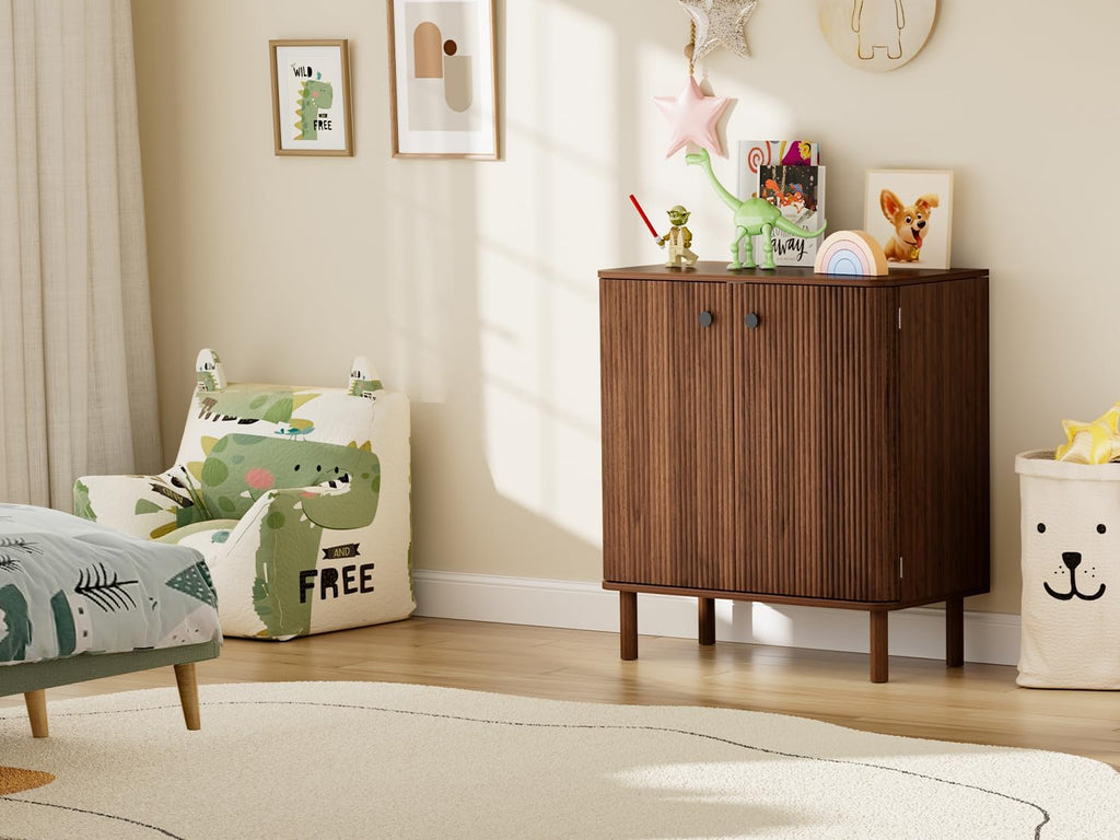 Fluted Sideboard Cabinet, Modern Buffet Cabinet, Small Storage Cabinet with Adjustable Shelves & Wood Legs, Accent Credenza Sideboard for Kitchen, Coffee Bar, Living Room, Entryway, Hallway
