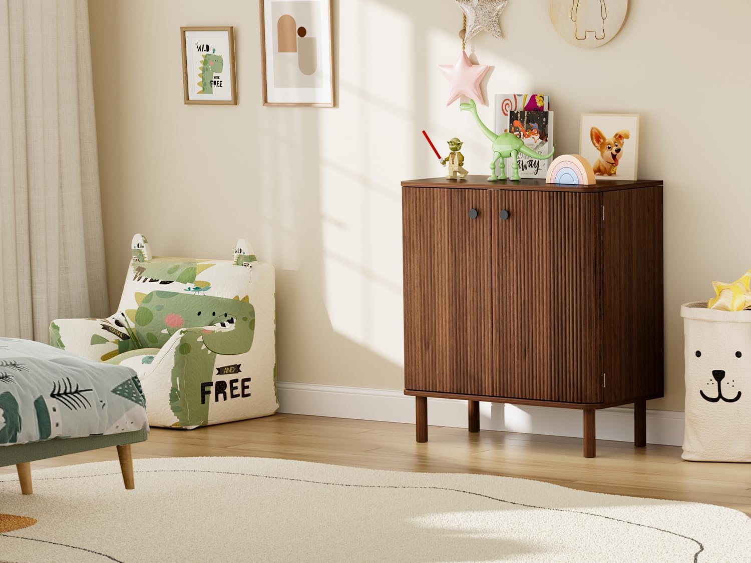 Fluted Sideboard Cabinet, Modern Buffet Cabinet, Small Storage Cabinet with Adjustable Shelves & Wood Legs, Accent Credenza Sideboard for Kitchen, Coffee Bar, Living Room, Entryway, Hallway