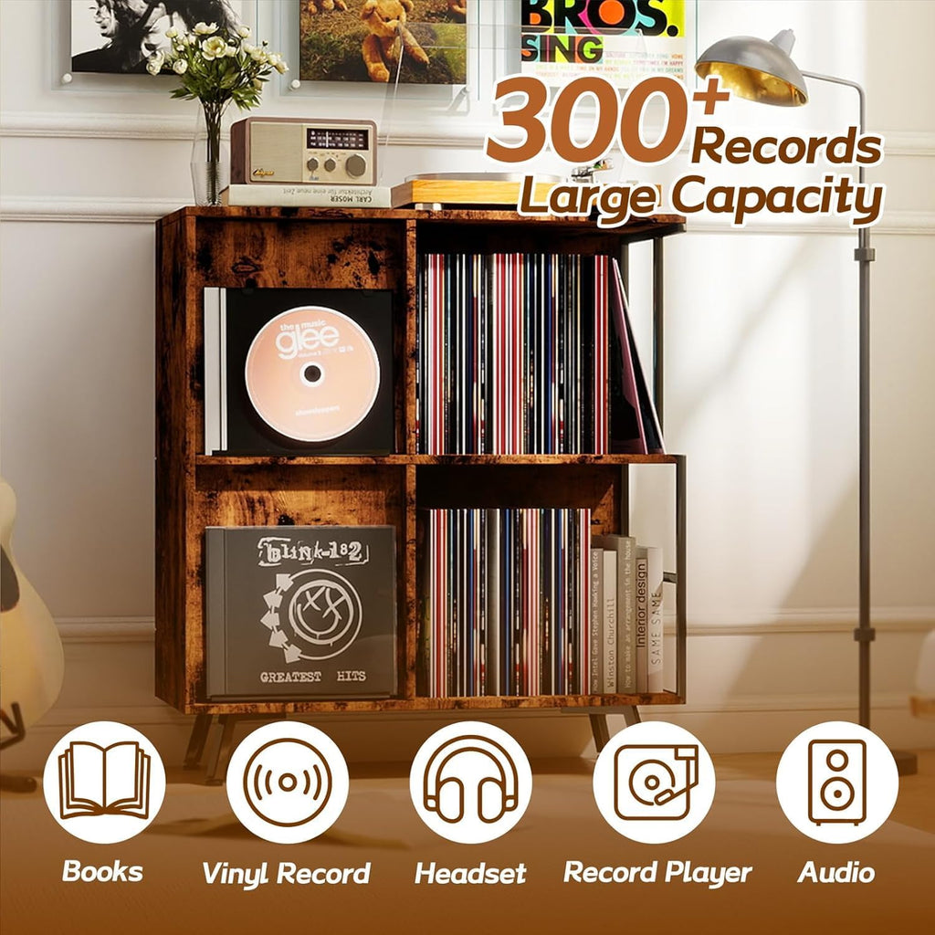 Faesun 3 Tier Flip Top Record Player Stand, Vinyl Record Storage Holds up to 300+ Albums, Large Record Player Cabinet, Vintage Turntable Stand with Vinyl Display, for Living Room Bedroom, Rustic Brown