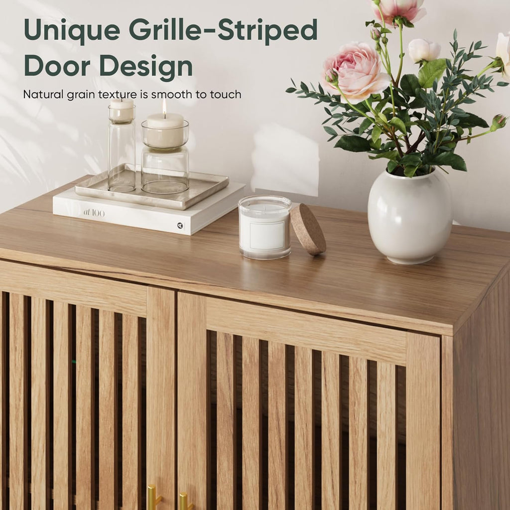 Smart FENDEE Sideboard Cabinet, 31.5" W Farmhouse Buffet Cabinet with Slatted Doors & Adjustable Shelf, Wooden Coffee Bar Storage Station for Kitchen, Dining Room, Living Room, Entryway, Natural