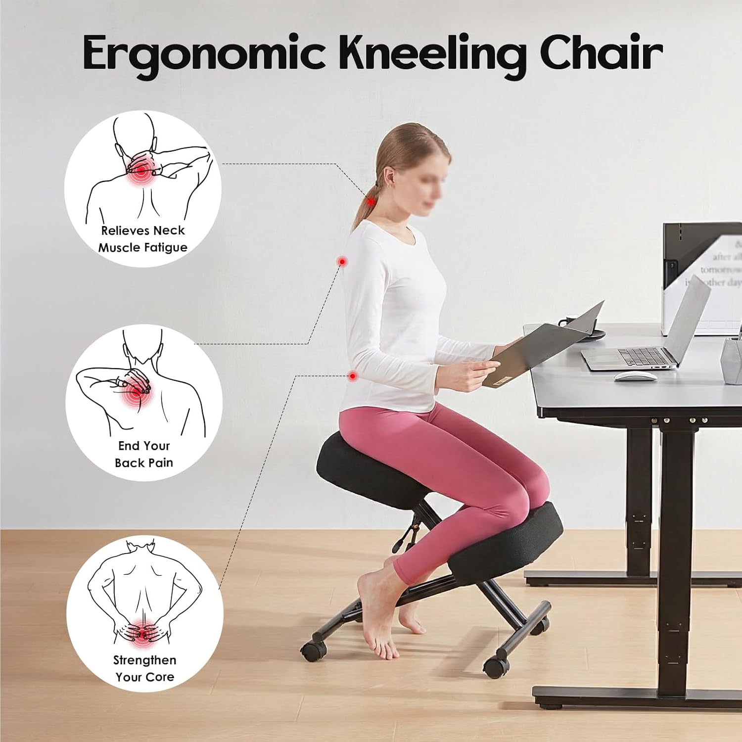 Kneeling Chair Office Chairs for Home Comfy Office Chair Adjustable Height Armless Office Chairs with Wheels Work Chair Black Without backrest