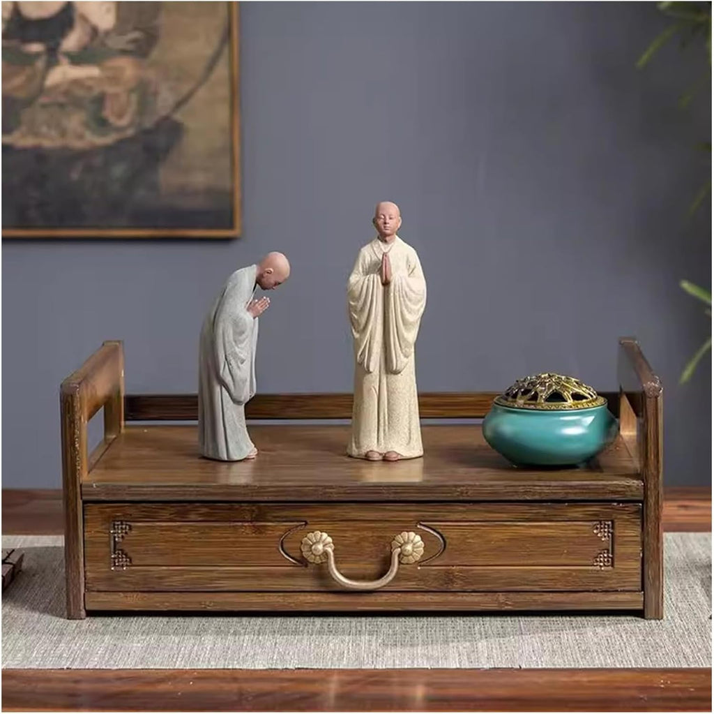 Bamboo Altar Meditation Table - Spiritual Worship Table with Drawer & 2-Tier Storage, Hand-Carved Buddhist Tea Table for Prayer/Divination(Walnut,20.5in(52cm))