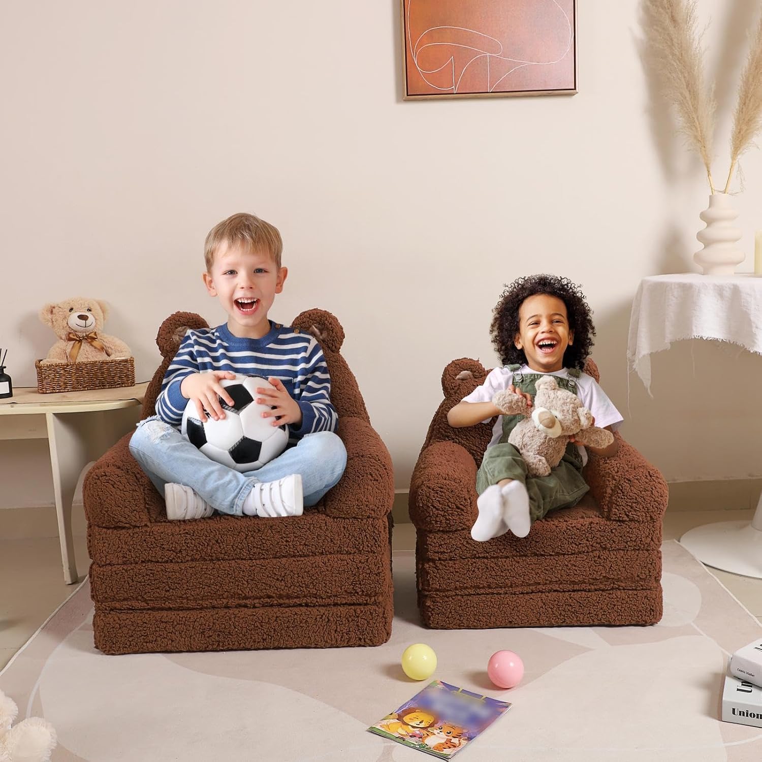 MOMCAYWEX Kids Sofa, Sherpa Couch with Tri-Layer Foam Cushions, Comfy Seating for Kids Age 18 Months and Up, Brown
