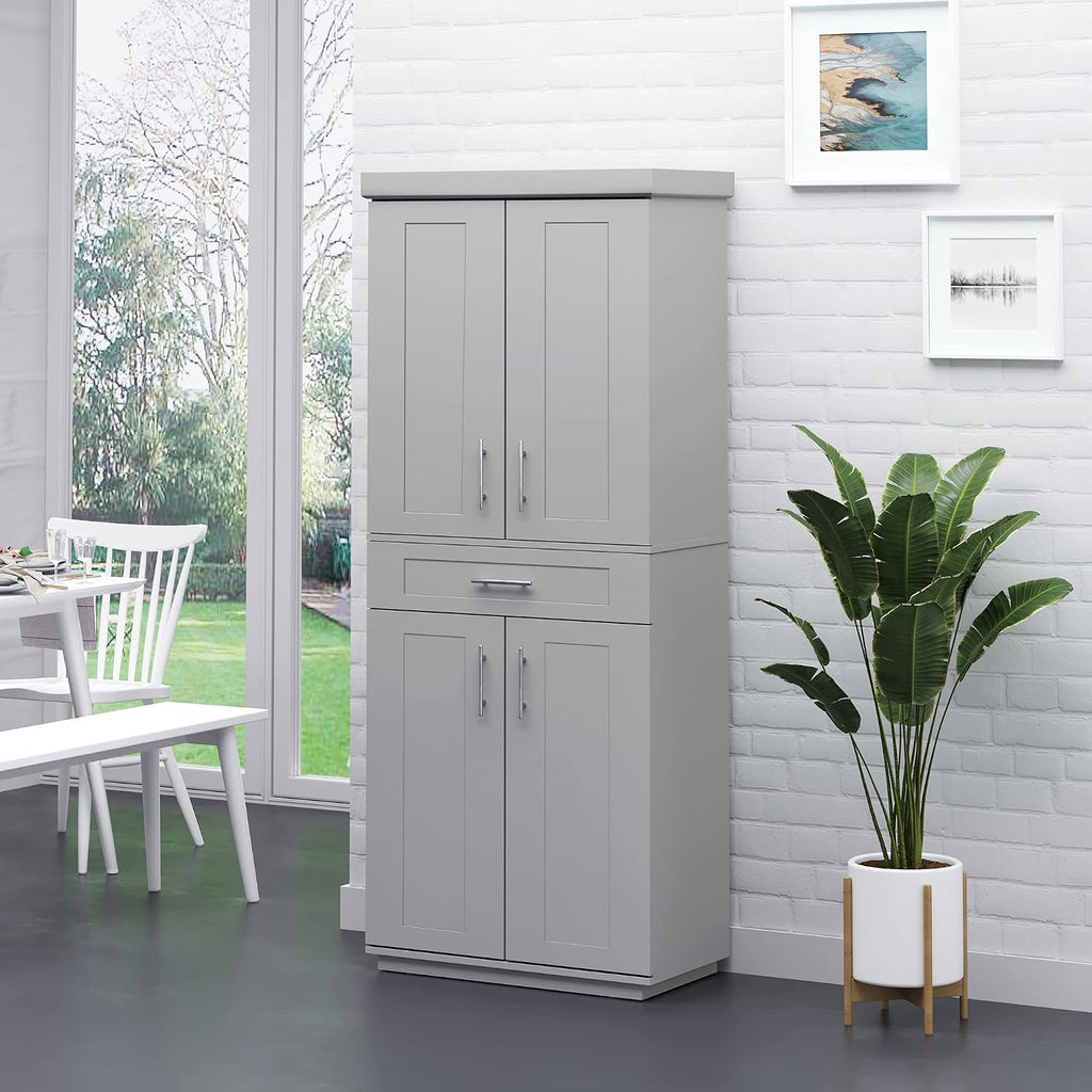 Modern Kitchen Pantry Freestanding Cabinet Cupboard with Doors and Drawer, Adjustable Shelving, Grey,15.75 * 30 * 72