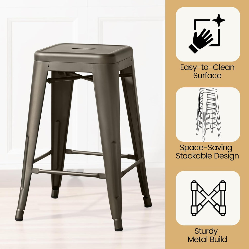 Yaheetech 24'' Metal Bar Stools Counter Height Barstools Set of 4 High Backless Industrial Stackable Chairs for Indoor and Outdoor, Gun Metal