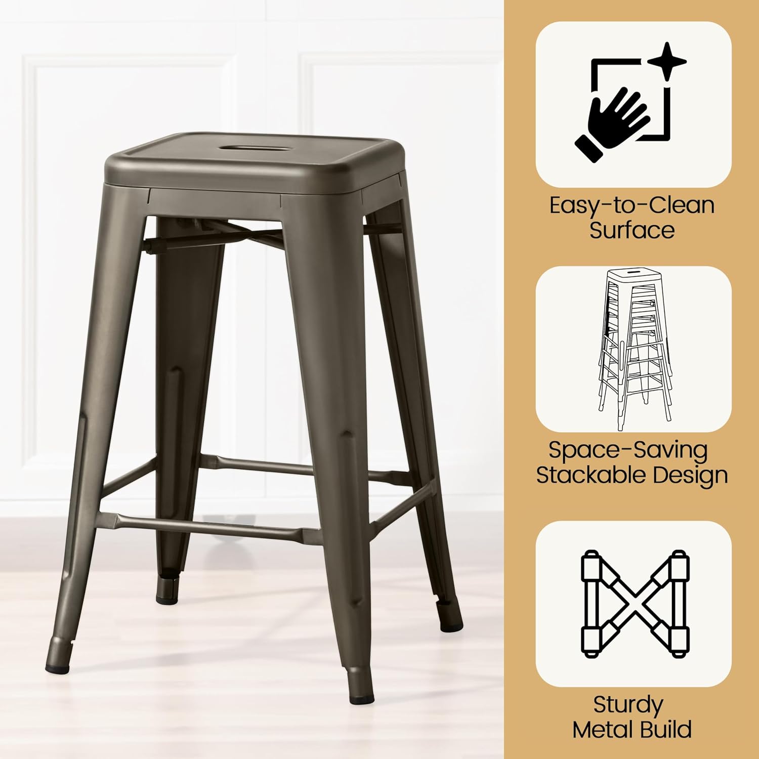 Yaheetech 24'' Metal Bar Stools Counter Height Barstools Set of 4 High Backless Industrial Stackable Chairs for Indoor and Outdoor, Gun Metal