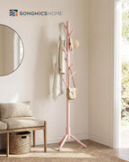 SONGMICS HOME Freestanding Coat Rack, Solid Wood, 8 Hooks, for Living Room, Bedroom, Home Office, 18.4 x 16.1 x 68.9 Inches, Pink