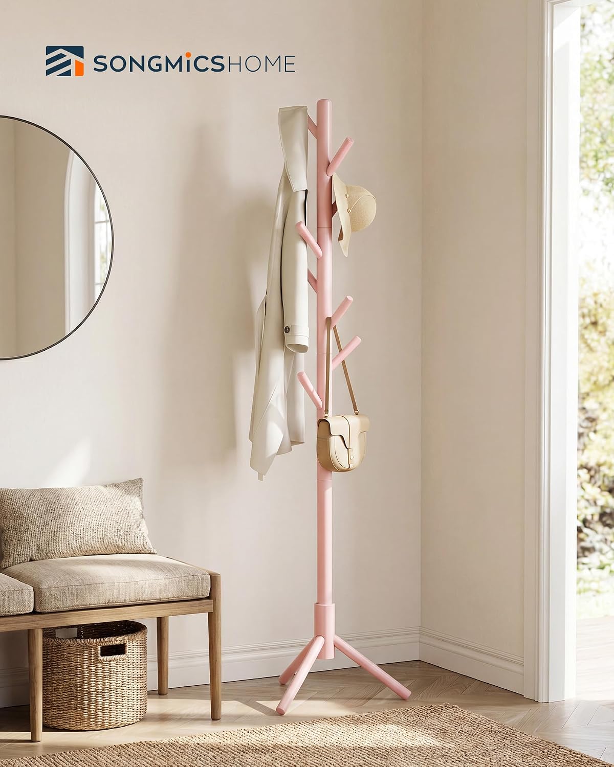 SONGMICS HOME Freestanding Coat Rack, Solid Wood, 8 Hooks, for Living Room, Bedroom, Home Office, 18.4 x 16.1 x 68.9 Inches, Pink