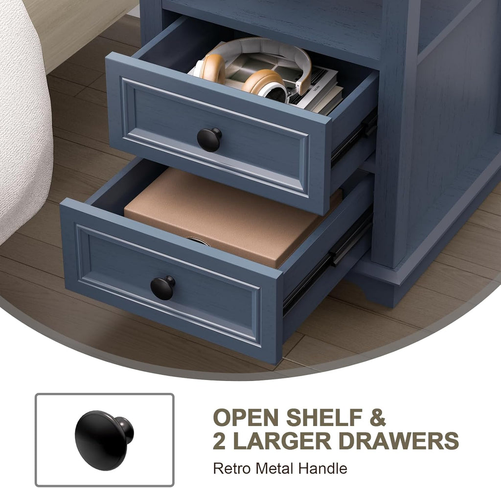 REDAYFUR End Table with Fast USB C Charging Station, 18" Wide Tall Sofa Side Table with 2 Drawers, Large Storage Rustic Wood Square Storage Cabinet for Living Room, Bedroom, Office, Blue