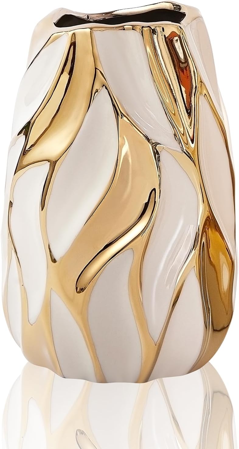 Cream White Ceramic Vase for Flowers, Gold Flower Vase Modern Home Decor, Small Ceramic Vase for Pampas Grass Decorative Vase, for Farmhouse Coffee Table Bookshelf (Small)