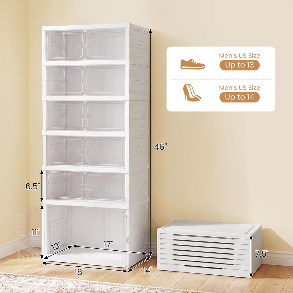 Giantex 6-Tier Foldable Shoe Rack Organizer, 12 Pairs Plastic Shoe Storage Box w/Magnetic Door, Space-Saving Collapsible Shoe Shelf for Entryway Living Room Cloakroom Closet, Easy Assembly
