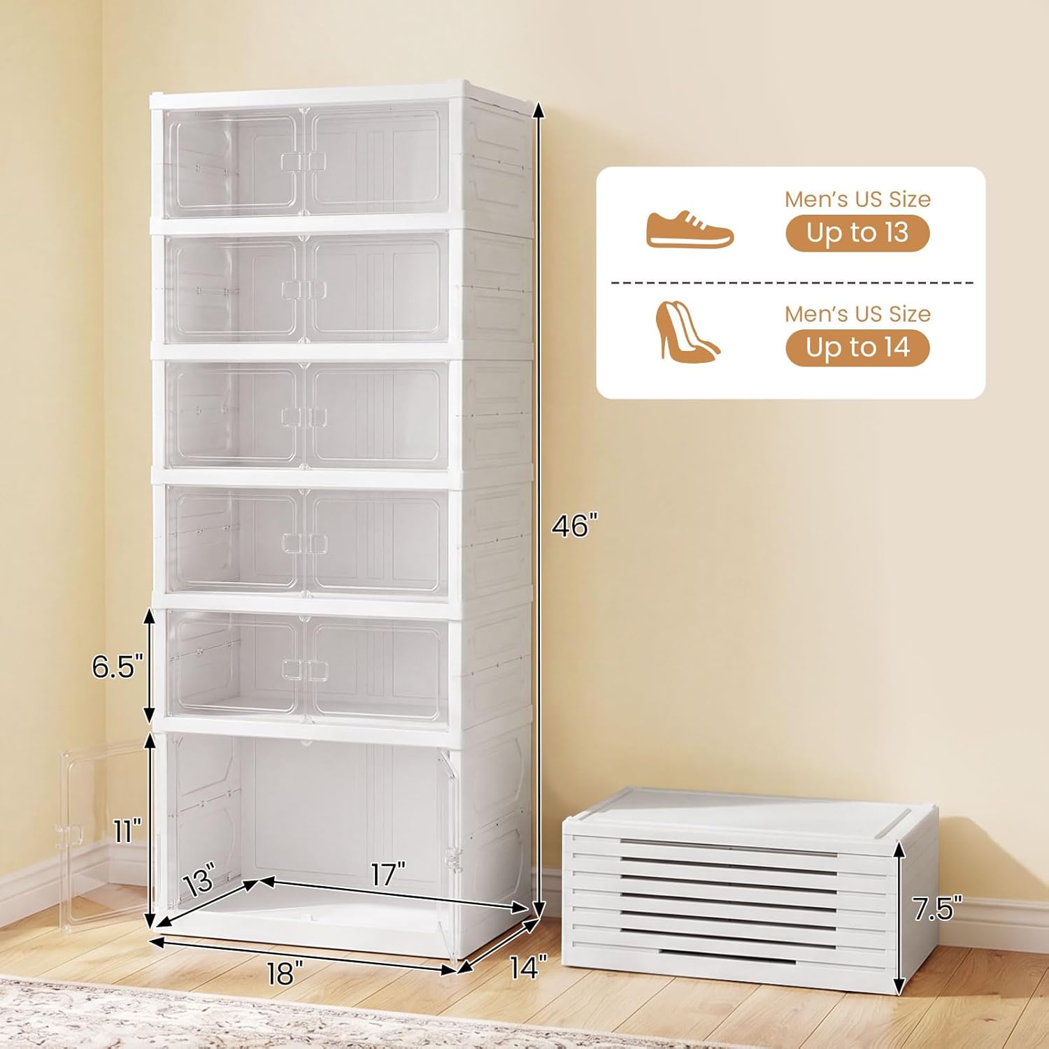 Giantex 6-Tier Foldable Shoe Rack Organizer, 12 Pairs Plastic Shoe Storage Box w/Magnetic Door, Space-Saving Collapsible Shoe Shelf for Entryway Living Room Cloakroom Closet, Easy Assembly