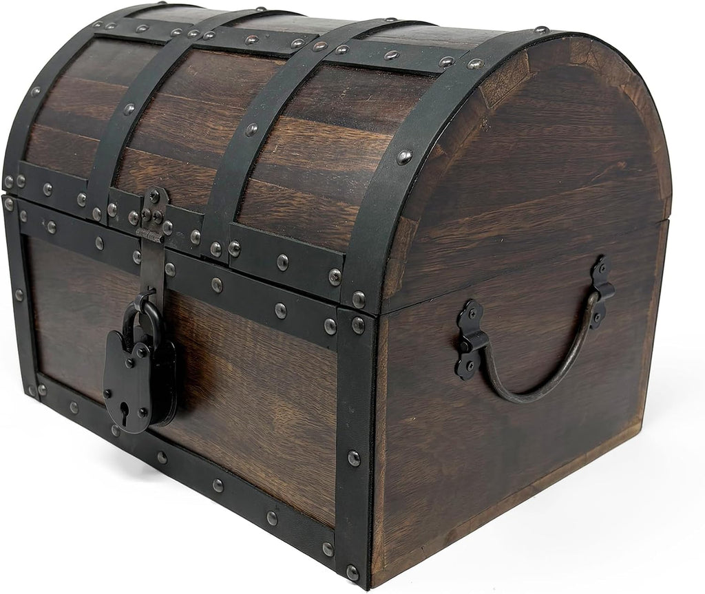 Nautical Cove Handmade Wooden Treasure Chest Storage Box – Deluxe Design with Real Leather Accents, Working Iron Lock & Skeleton Keys, Decorative Keepsake Chest (Large - 12 × 9 × 9")