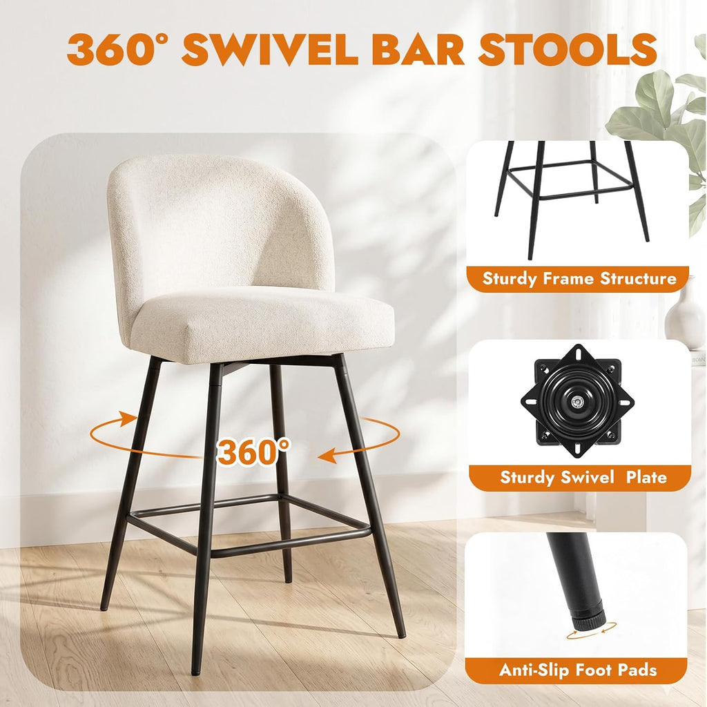 Counter Height Bar Stools Set of 2, 360° Swivel Upholstered Barstools with Backs and Metal Legs, 26" H Seat Height, Linen Fabric in Beige
