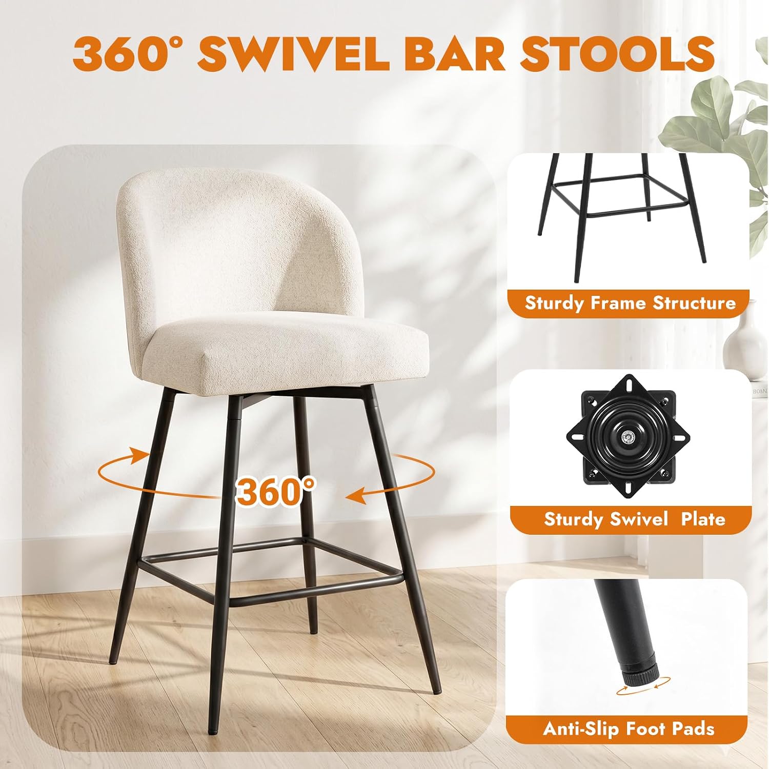 Counter Height Bar Stools Set of 2, 360° Swivel Upholstered Barstools with Backs and Metal Legs, 26" H Seat Height, Linen Fabric in Beige