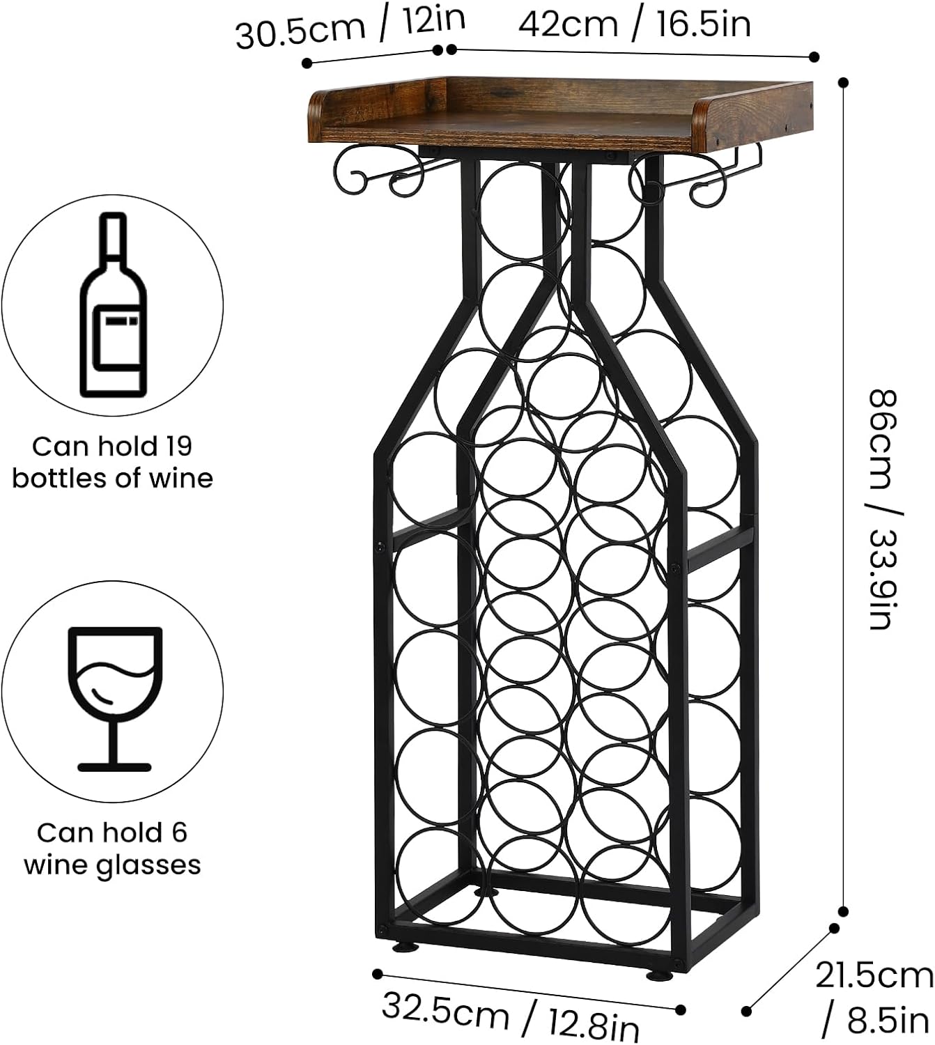 Wine Rack Floating Shelvesr Versatile Liquor Stand for Home Bar Mini Bar Table Wine Holder Stand Liquor Cabinet with Glass Holder Wood Tabletop 19 Bottles Floor Dining Room, Living Room
