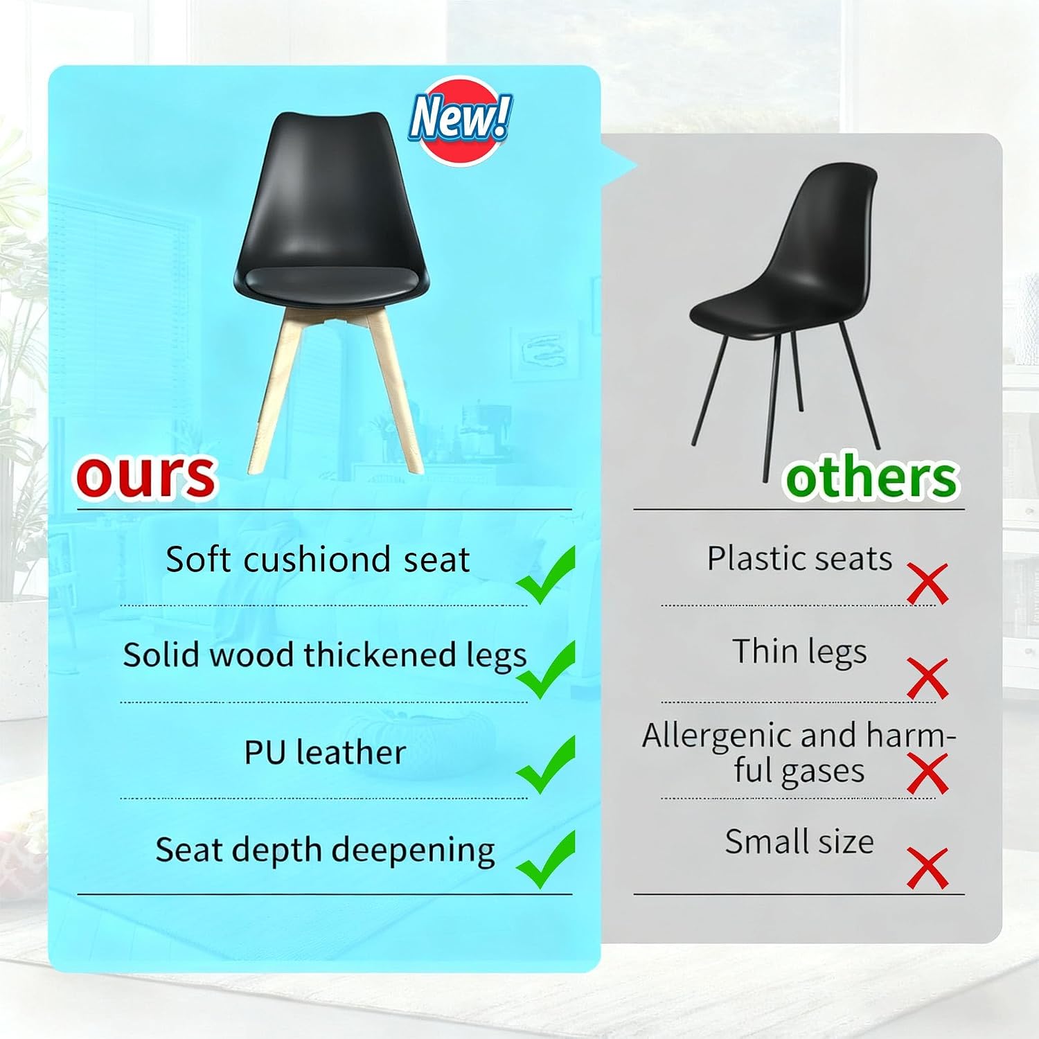 Dining Chairs Set of 8, Mid-Century Kitchen & Dining Room Chairs with Wood Legs and Cushion, Leather Dining Chairs Set for Living Room, Kitchen, Black 8 Pack