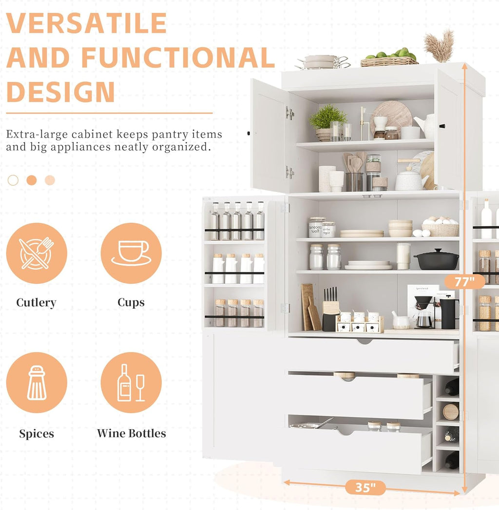 77'' Tall Freestanding Kitchen Pantry Storage Cabinet, Wooden Kitchen Organizers Cupboard with Adjustable Shelves, Door Shelves, 3 Drawers and Wine Racks for Dining Room Living Room (White-1.27)