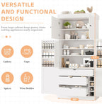 Polibi 77" Tall Freestanding Kitchen Pantry Cabinet, 35" L x 17.7" W Modern Shaker Style Storage Cupboard with Adjustable Shelves, Wine Racks, Drawers, Door Shelves, White