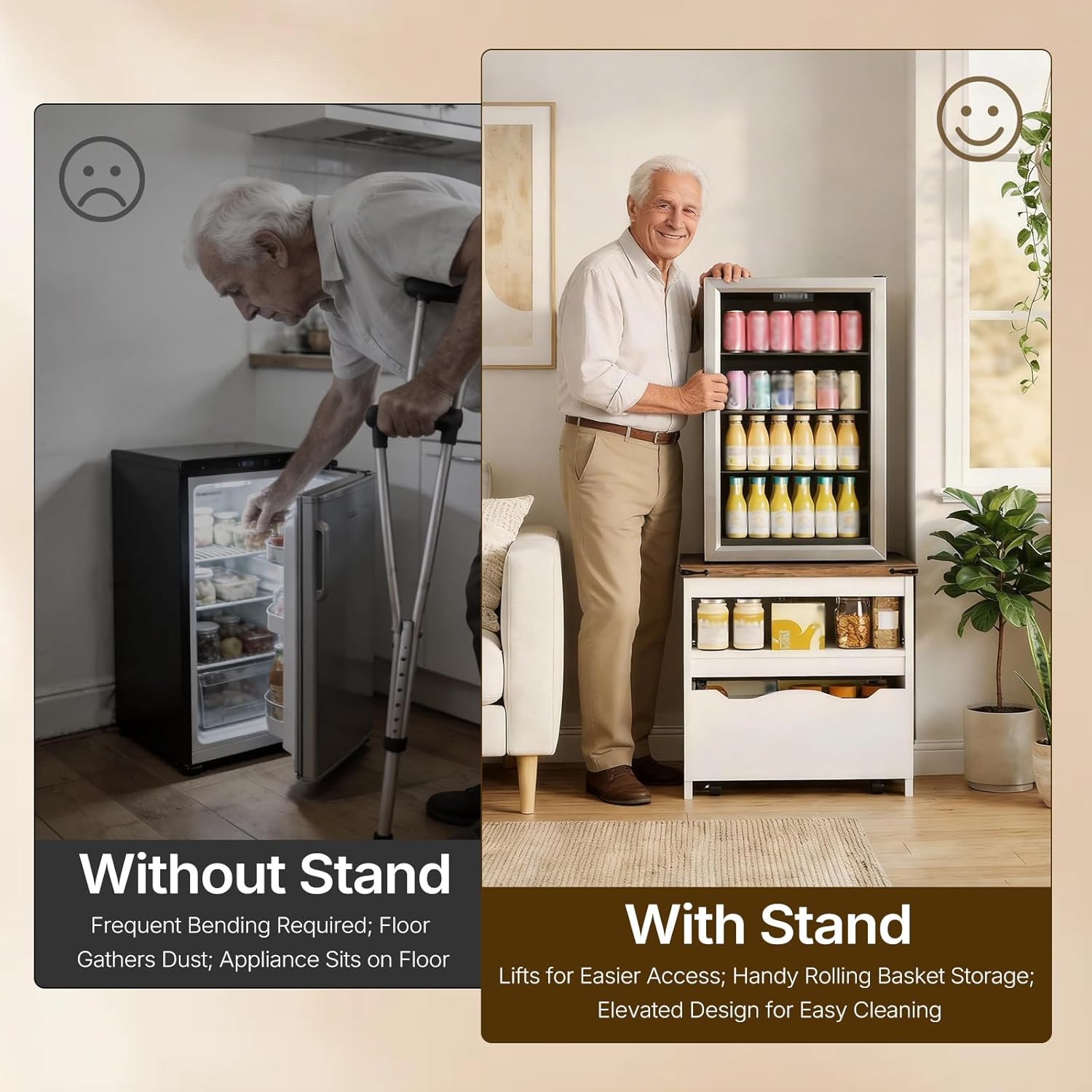 YATINEY Mini Fridge Stand with Storage, Refrigerator Stand with Mobile Drawer, Mini Fridge Cabinet for Heavy Microwave Stand, Mini Fridge Cart for Dorm, Bedroom, Kitchen,White and Walnut HB50WH