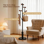 Freestanding Mid-Century Modern Tree Coat Rack | Freestanding metal rack with black marble base & wood spherical hooks for entryway, bedroom, living room