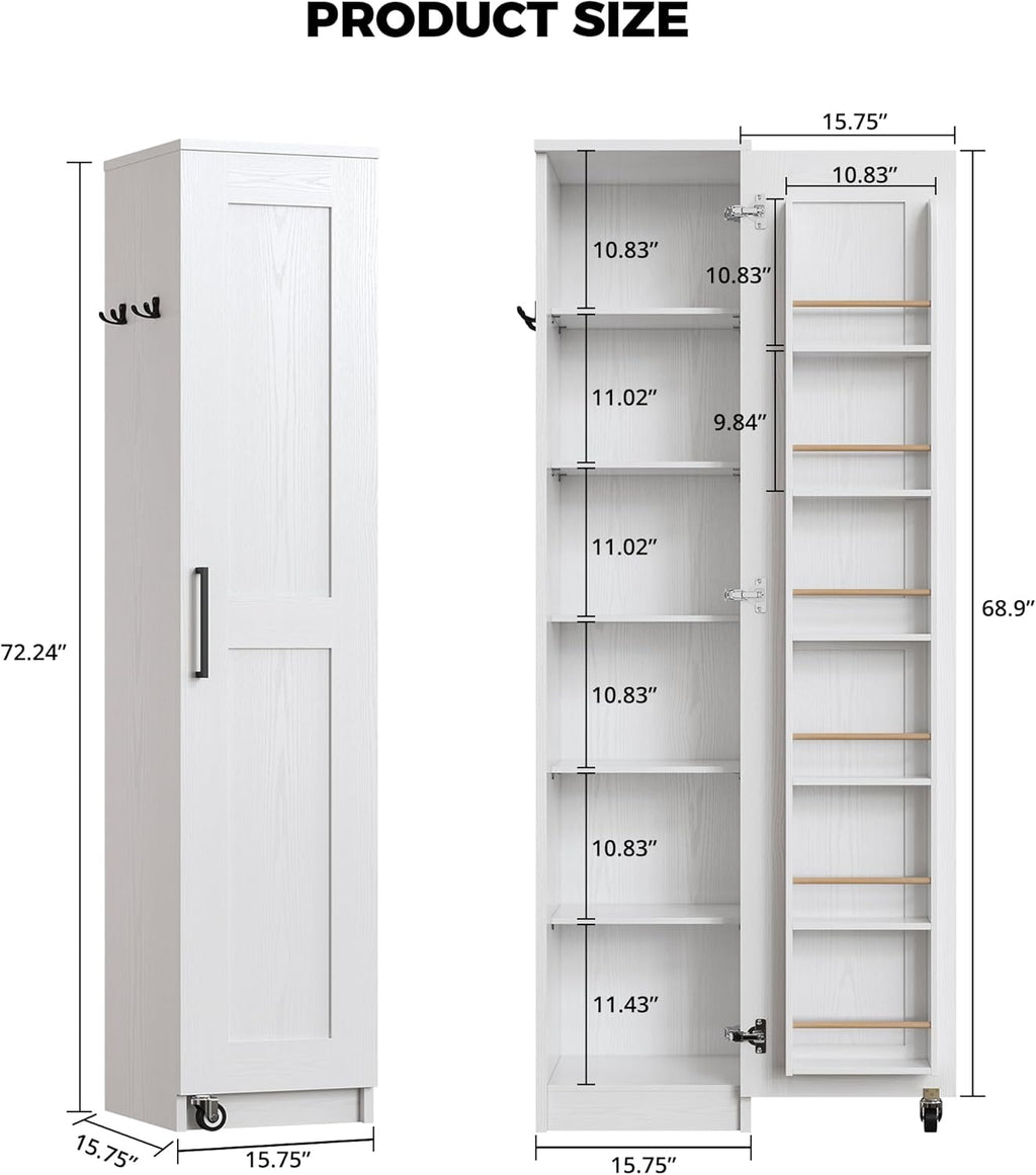 IRONCK Narrow Kitchen Pantry Storage Cabinet, 72" Slim Single Door with 6 Adjustable Shelves, Door Rack and Wheels, Space Saving Freestanding Storage Floor Cabinet for Small Place, White