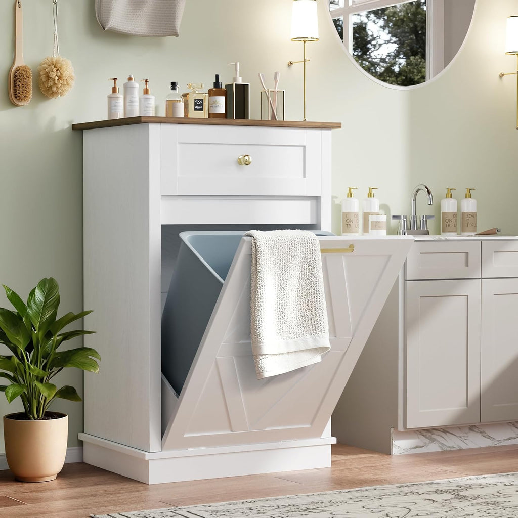 YESHOMY Tilt Out Trash Can Cabinet, 10 Gallon Garbge Can Cabinets, Wooden Hidden Laundry Hamper with Drawer, for Kitchen, Dining Room, Living Room (White)