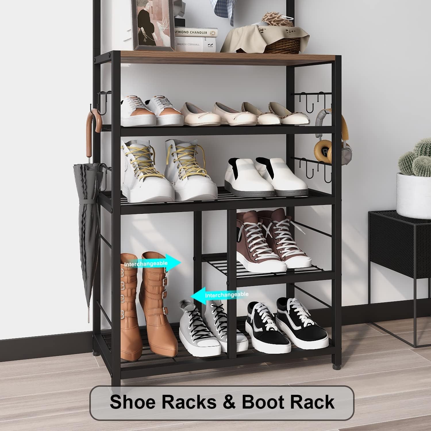 GiftGo Vintage Large 5-Tier Hall Tree with Console Table Entryway Coat Rack Floor Standing Shoes Rack Storage Shelf Organizer for Home Office Bedroom (Rustic Brown)