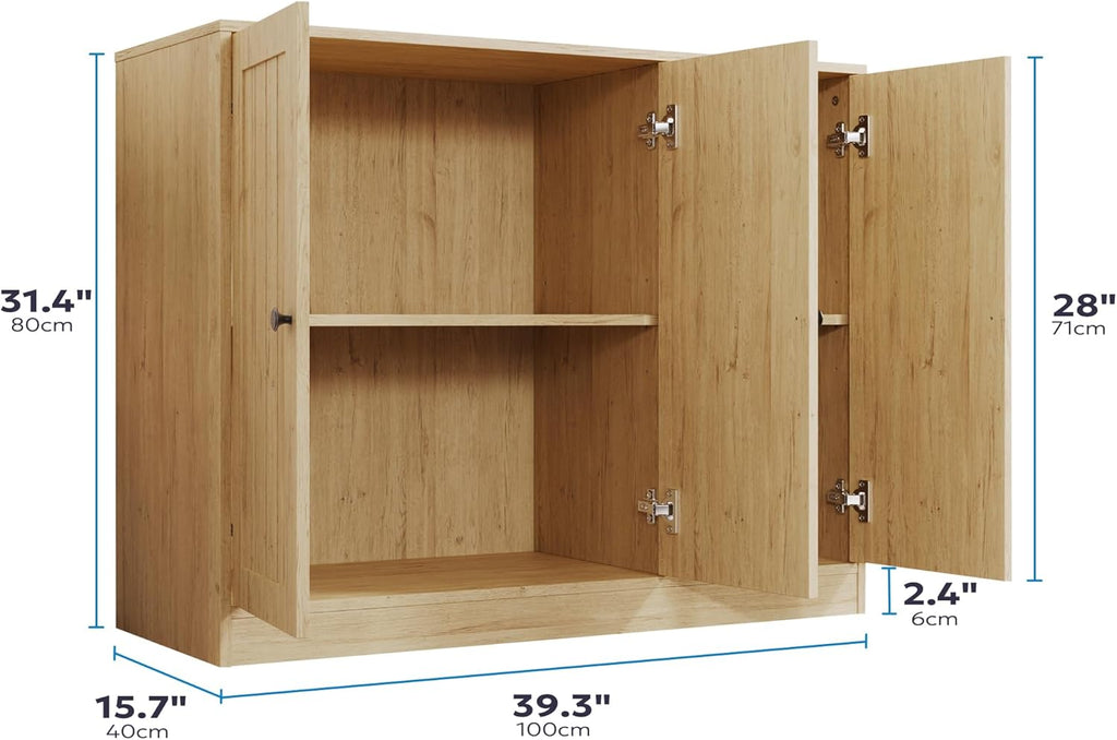 Furnify Buffet Cabinet with 3 Door, Kitchen Storage Cabinet with Adjustable Shelf, Coffee Bar Accent Cabinets for Living Room, Entryway, Natural Oak