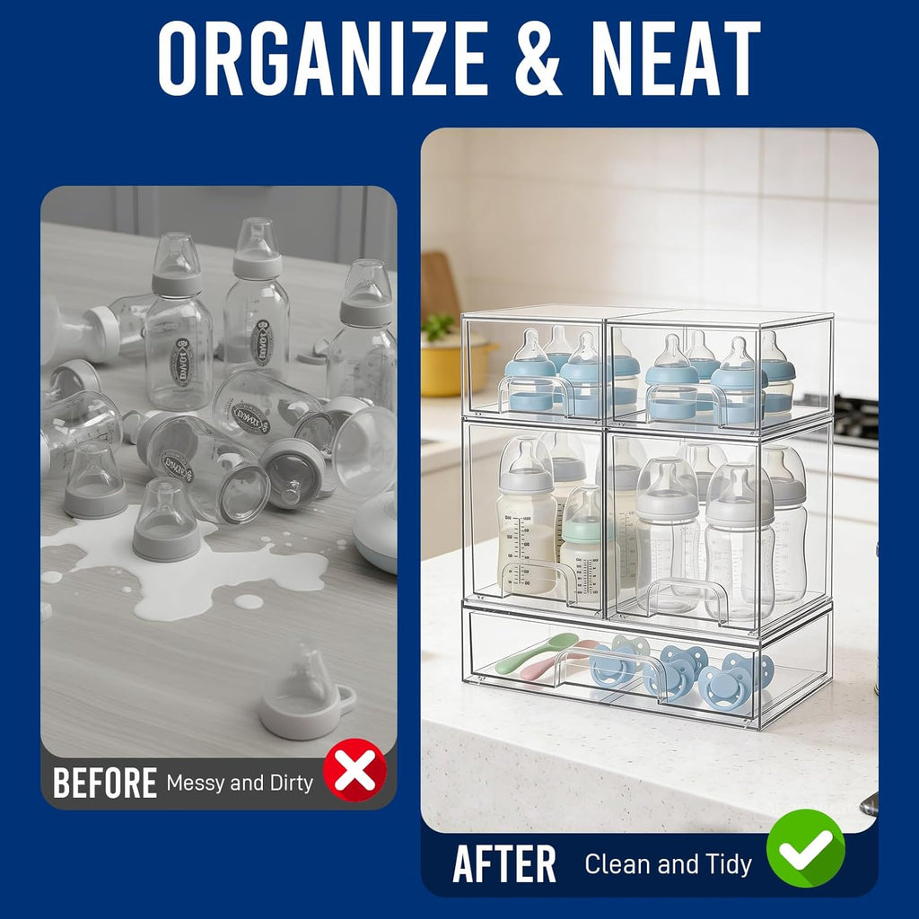 Baby Bottle Organizer Stackable, Acrylic Storage Drawers 5 pack with Non-Slip Pads, Pull-Out Drawers for Baby Bottle, Pump Parts, Pantry, Vanity Countertop (4.4" and 7.6" Tall and 12.1" Wide)