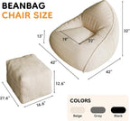 Cloud Large Bean Bag Chair with Ottoman, Corduroy Fabric+35D Memory Foam Big Beanbag Chair for Adults,Lounger Chairs Sofa Boneless Puff Chair for Living Room (Beige) (Beige, Clouds)